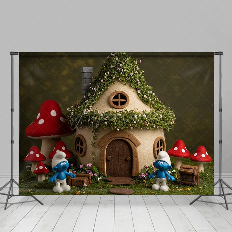 Aperturee - Aperturee Cartoon Mushroom House Elf Cute Cake Smash Backdrop