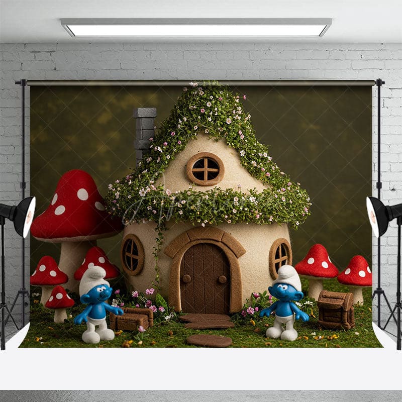 Aperturee - Aperturee Cartoon Mushroom House Elf Cute Cake Smash Backdrop