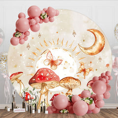 Aperturee - Aperturee Cartoon Mushroom World Circle Night Party Backdrop