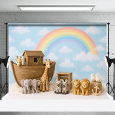 Aperturee - Aperturee Cartoon Noahs Ark Rainbow Sky Cake Smash Backdrop