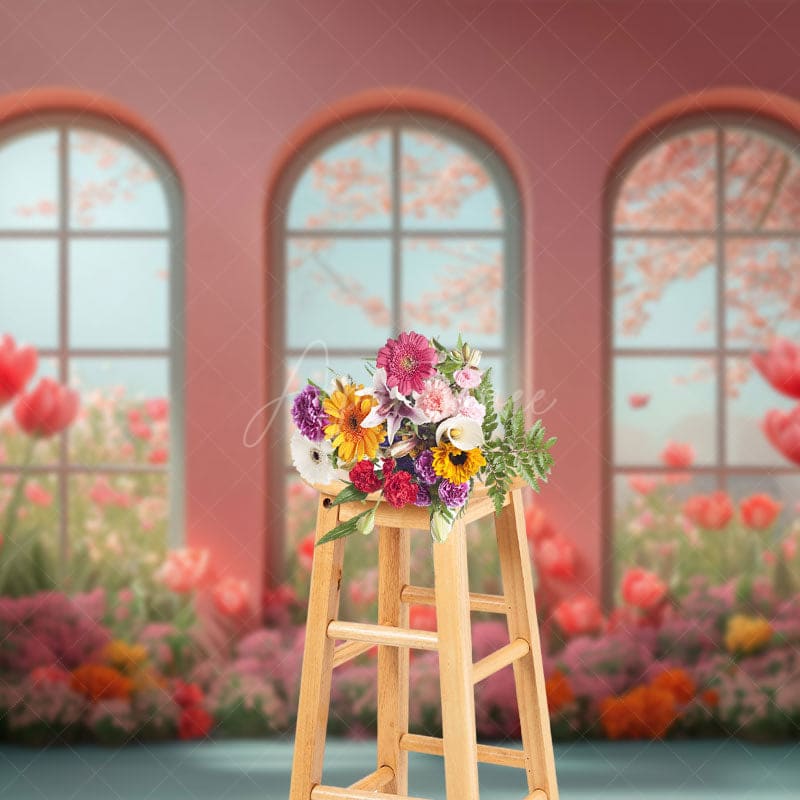 Aperturee - Aperturee Cartoon Oil Painting Tulip Pink Room Window Backdrop