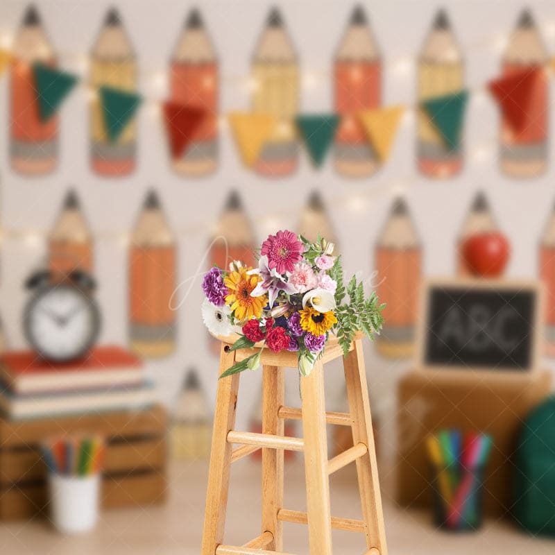 Aperturee - Aperturee Cartoon Pencil Class Theme Cute Cake Smash Backdrop