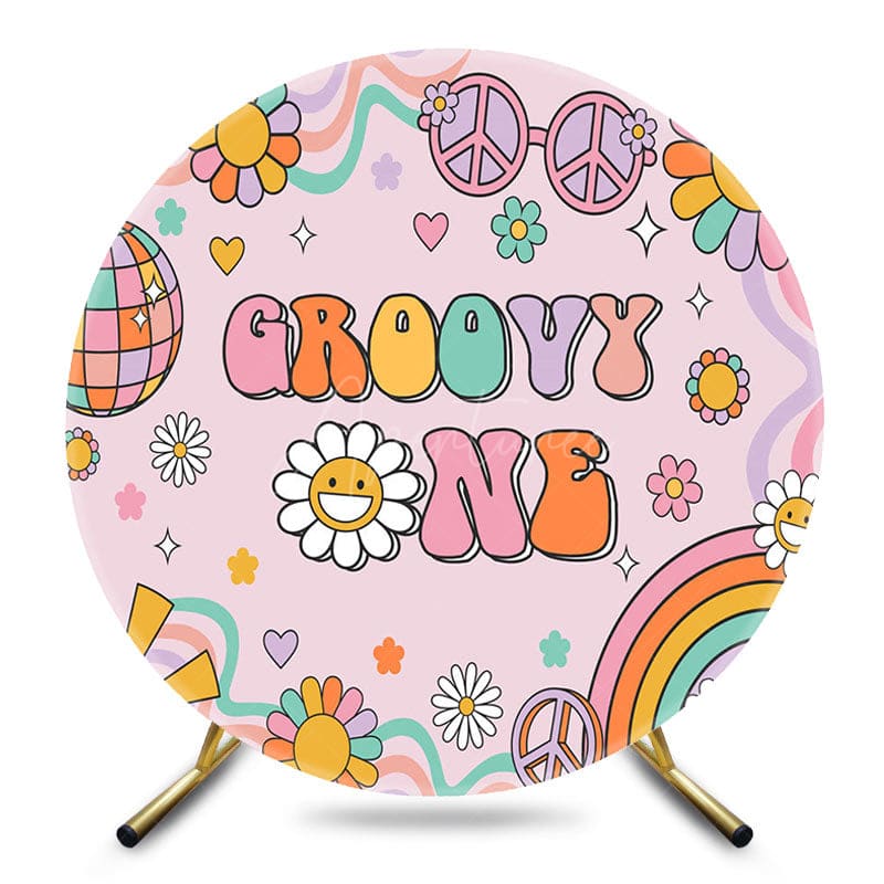 Aperturee - Aperturee Cartoon Pink Daisy Groovy One Round Birthday Backdrop