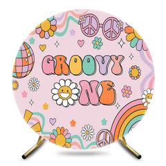 Aperturee - Aperturee Cartoon Pink Daisy Groovy One Round Birthday Backdrop
