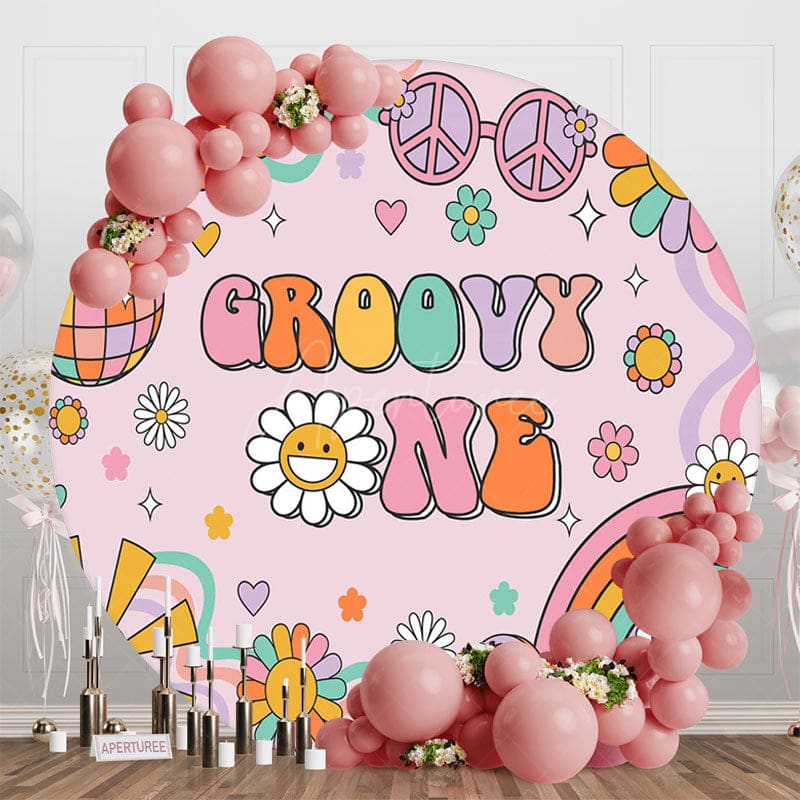 Aperturee - Aperturee Cartoon Pink Daisy Groovy One Round Birthday Backdrop