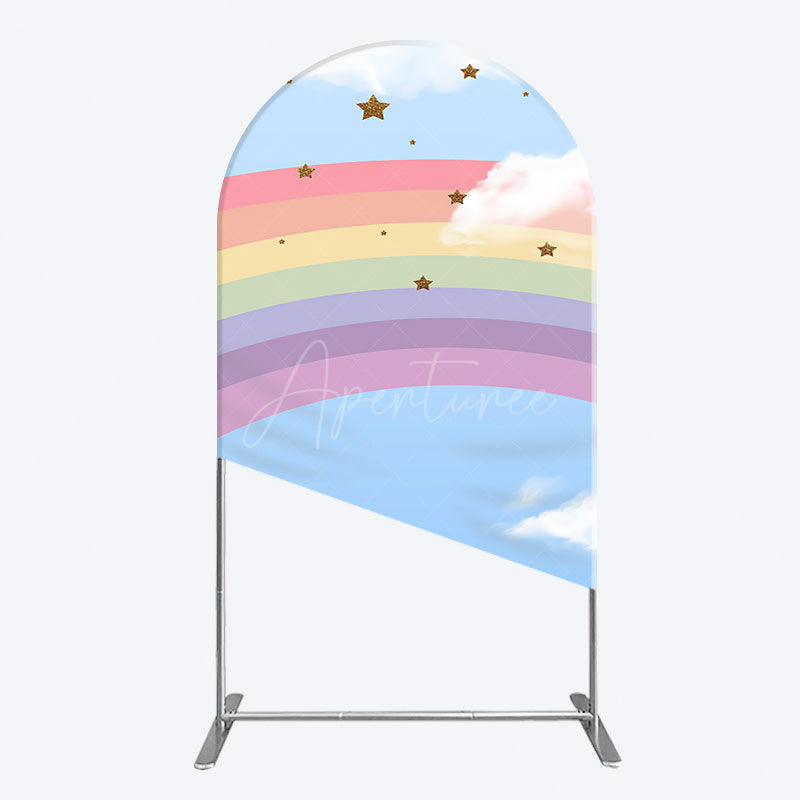 Aperturee - Aperturee Cartoon Rainbow Blue Sky Glitter Stars Arch Backdrop