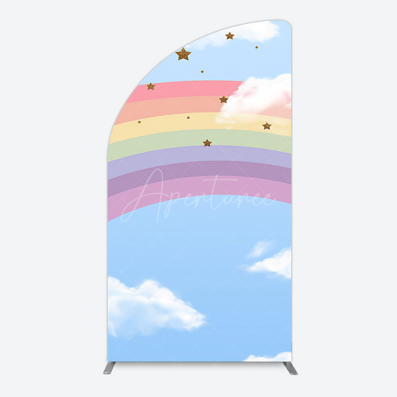 Aperturee - Aperturee Cartoon Rainbow Blue Sky Glitter Stars Half Moon Arch Backdrop