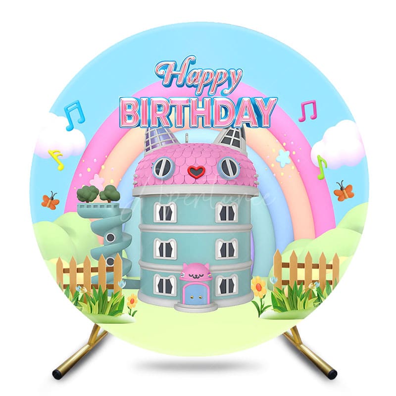Aperturee - Aperturee Cartoon Rainbow Cat House Round Birthday Backdrop