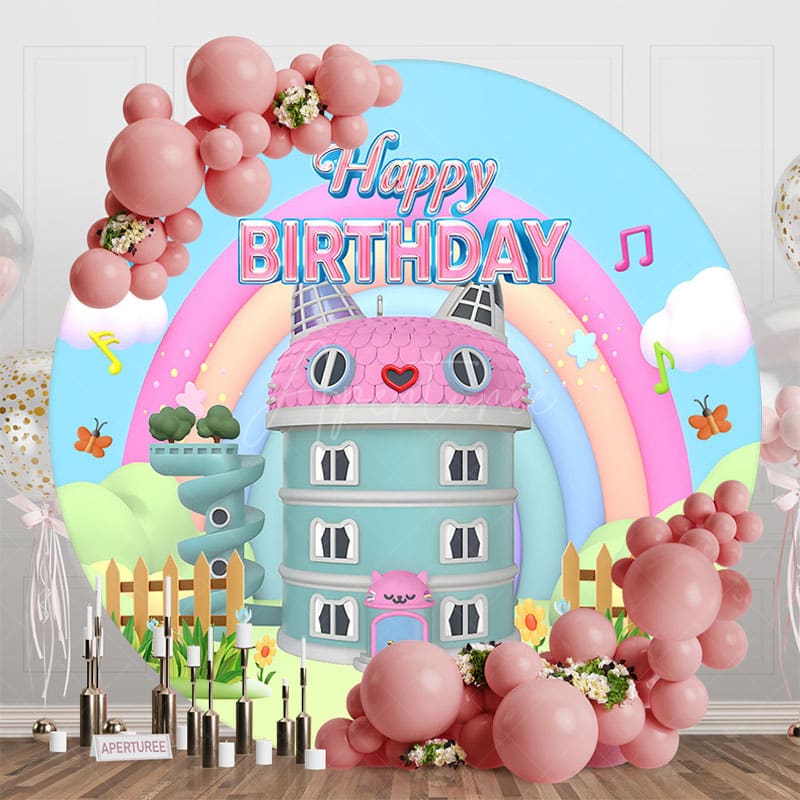 Aperturee - Aperturee Cartoon Rainbow Cat House Round Birthday Backdrop