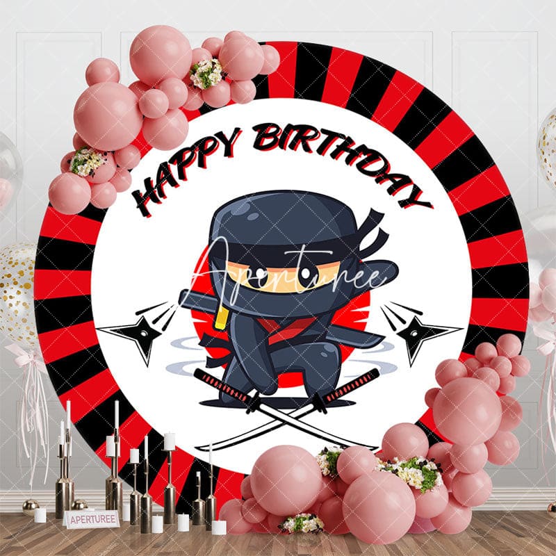 Aperturee - Aperturee Cartoon Red Black Dart Ninja Round Birthday Backdrop