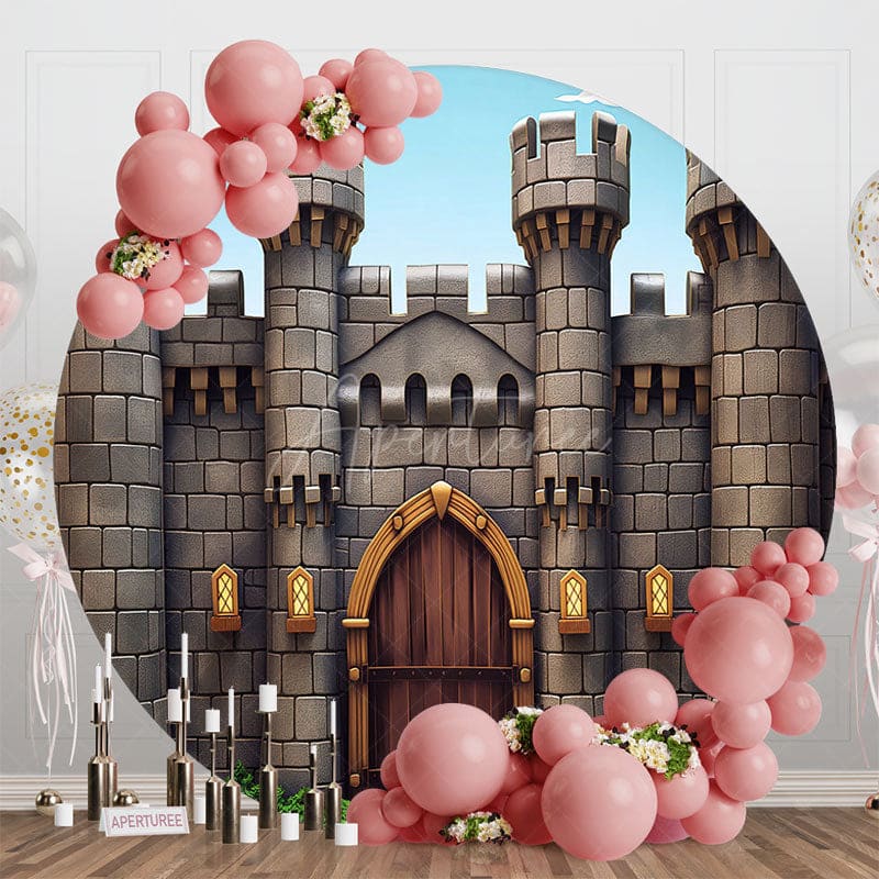 Aperturee - Aperturee Cartoon Retro Medieval Castle Round Birthday Backdrop
