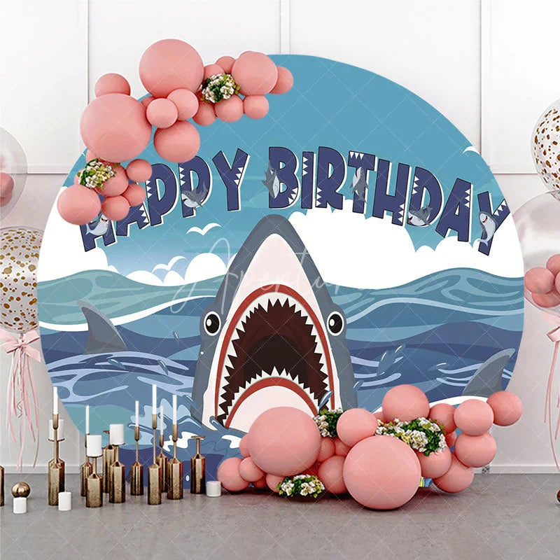 Aperturee - Aperturee Cartoon Shark Happy Birthday Round Backdrop Blue Ocean Underwater Adventure Party Decor for Kids