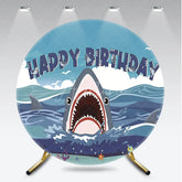 Aperturee - Aperturee Cartoon Shark Happy Birthday Round Backdrop Blue Ocean Underwater Adventure Party Decor for Kids