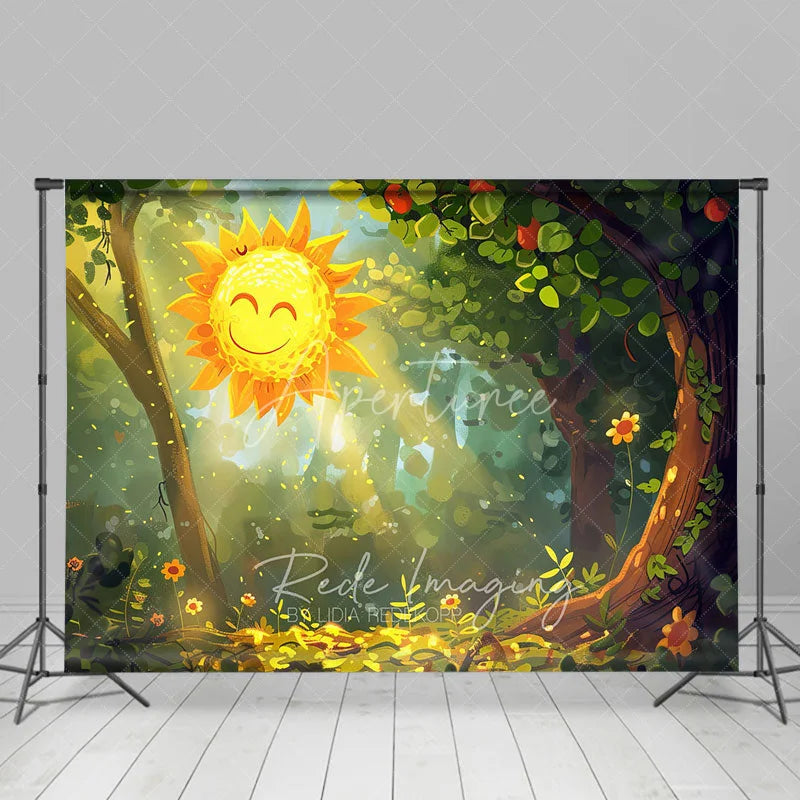 Aperturee - Aperturee Cartoon Smiling Sun Forest Backdrop Cute Sunbeams Green Woods Photography Background for Baby Shower Party