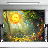 Aperturee - Aperturee Cartoon Smiling Sun Forest Backdrop Cute Sunbeams Green Woods Photography Background for Baby Shower Party