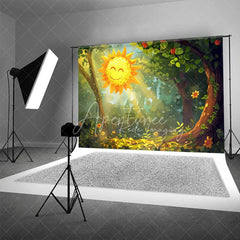 Aperturee - Aperturee Cartoon Smiling Sun Forest Backdrop Cute Sunbeams Green Woods Photography Background for Baby Shower Party