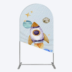 Aperturee - Aperturee Cartoon Starry Sky Rocket Birthday Arch Backdrop