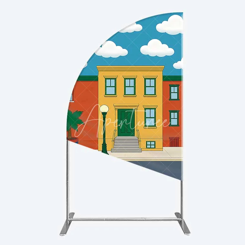 Aperturee - Aperturee Cartoon Street and House Half Moon Arch Backdrop Neighborhood Building Photography Background