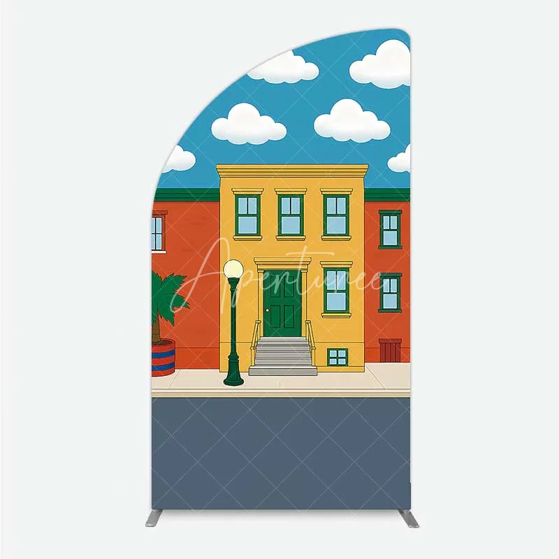 Aperturee - Aperturee Cartoon Street and House Half Moon Arch Backdrop Neighborhood Building Photography Background