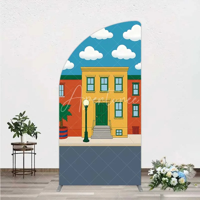 Aperturee - Aperturee Cartoon Street and House Half Moon Arch Backdrop Neighborhood Building Photography Background