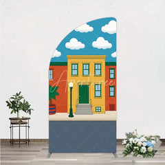 Aperturee - Aperturee Cartoon Street and House Half Moon Arch Backdrop Neighborhood Building Photography Background