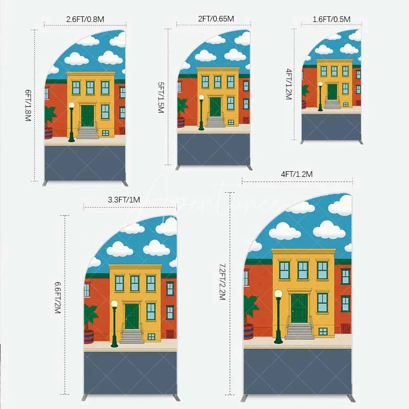 Aperturee - Aperturee Cartoon Street and House Half Moon Arch Backdrop Neighborhood Building Photography Background
