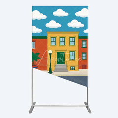 Aperturee - Aperturee Cartoon Street and House Rectangle Backdrop Neighborhood Building Photography Background