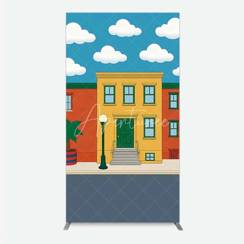Aperturee - Aperturee Cartoon Street and House Rectangle Backdrop Neighborhood Building Photography Background
