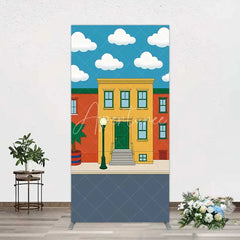 Aperturee - Aperturee Cartoon Street and House Rectangle Backdrop Neighborhood Building Photography Background