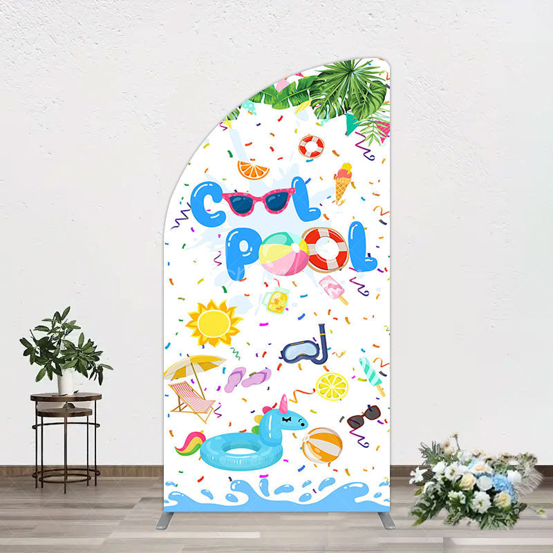 Aperturee - Aperturee Cartoon Summer Pool Party Birthday Half Moon Arch Backdrop