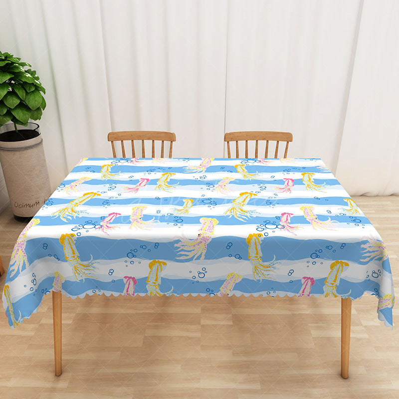 Aperturee - Aperturee Cartoon Summer Rectangle Tablecloth with Underwater Squid for Kids Ocean Themed Birthday Party Decor