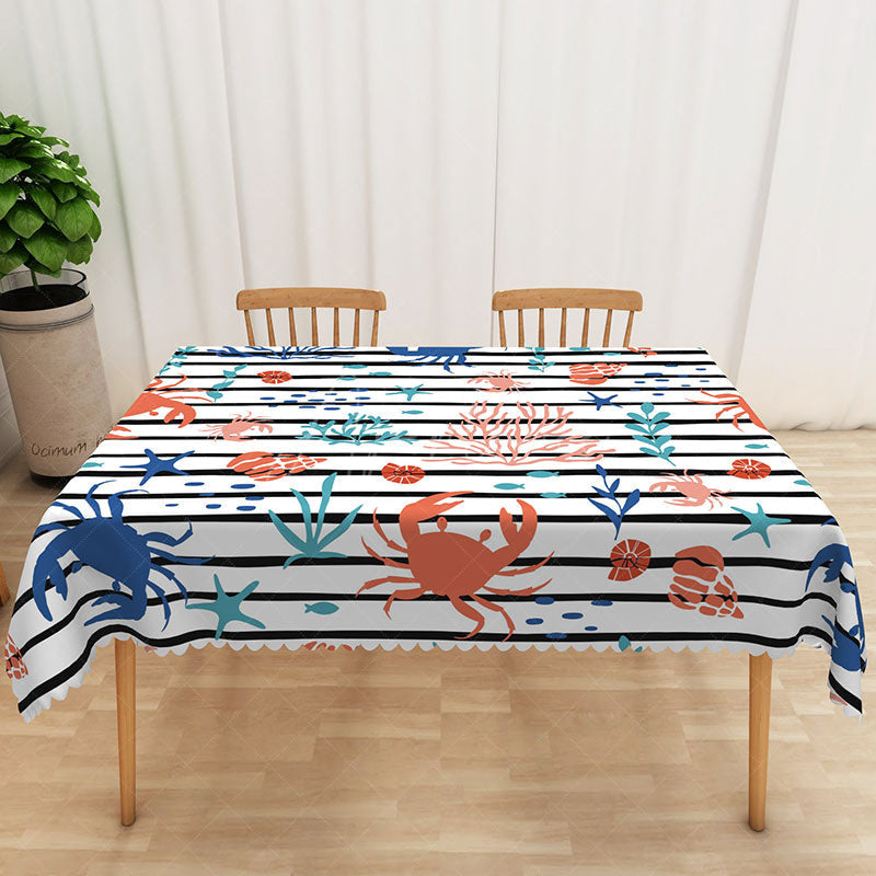 Aperturee - Aperturee Cartoon Under The Sea Rectangle Tablecloth with Stripes for Kids Ocean Themed Birthday Party Decorations