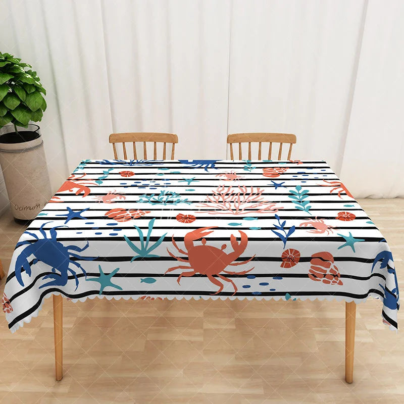 Aperturee - Aperturee Cartoon Under The Sea Rectangle Tablecloth with Stripes for Kids Ocean Themed Birthday Party Decorations