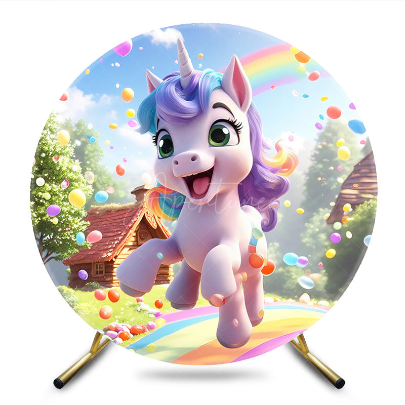 Aperturee - Aperturee Cartoon Unicorn Rainbow Dots Round Birthday Backdrop
