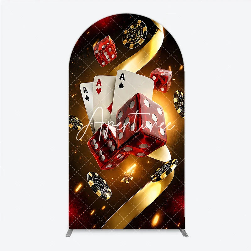 Aperturee - Aperturee Casino Las Vegas Theme Round Top Arch Backdrop Red Dice and Golden Poker Chips Birthday Party Decoration