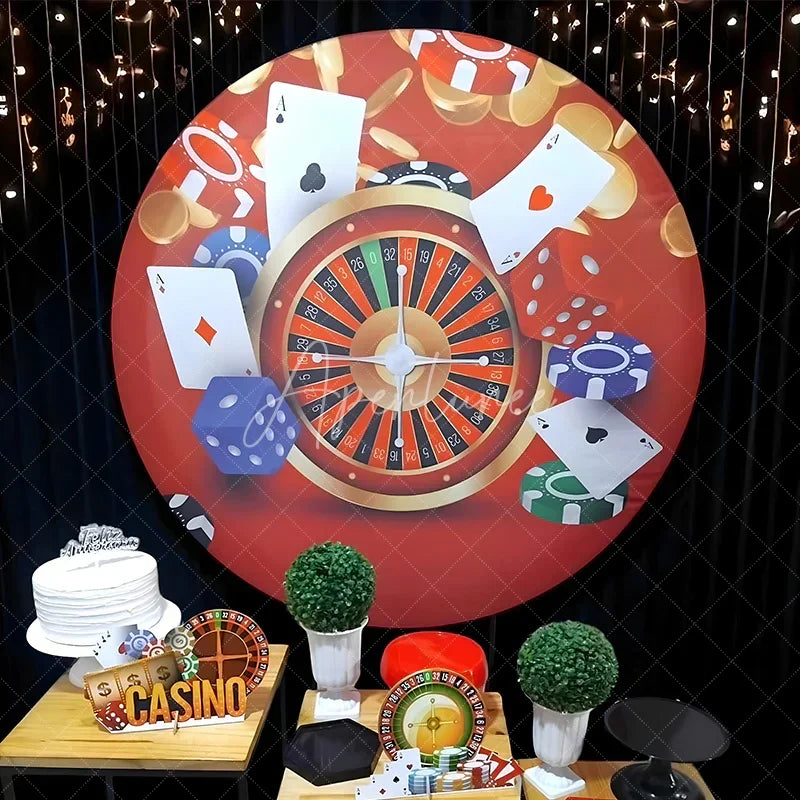 Aperturee - Aperturee Casino Night Round Backdrop for Birthday Party Las Vegas Poker and Roulette Theme Adult Game Night Decor