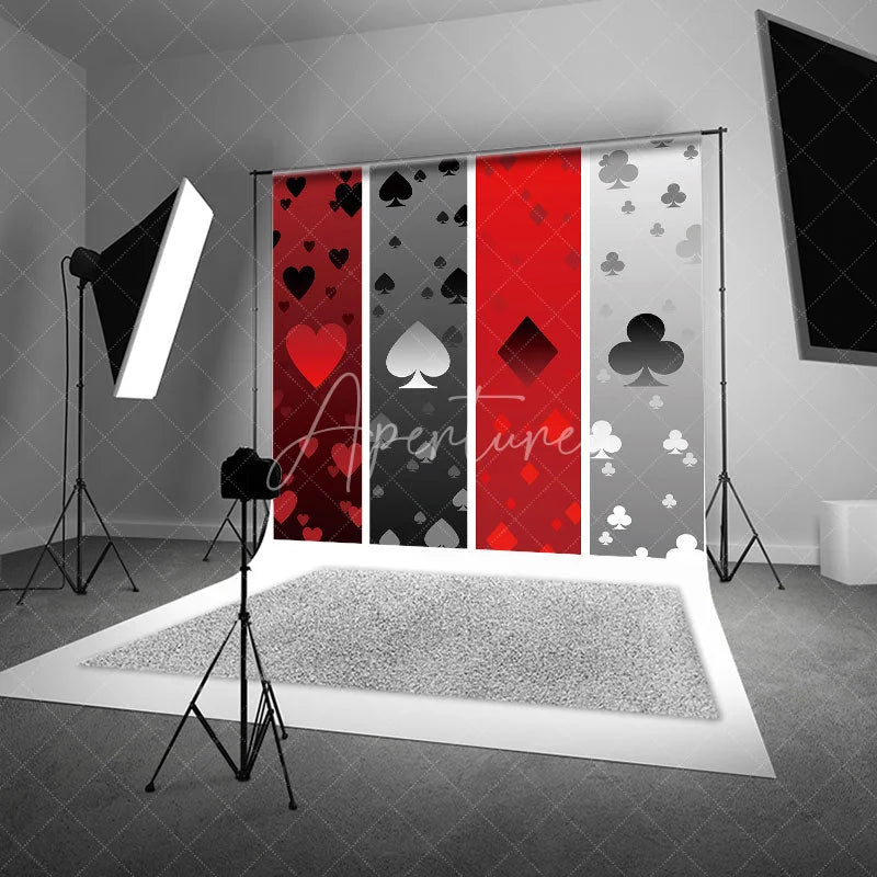 Aperturee - Aperturee Casino Poker Card Suits Backdrop Red and Grey Hearts Spades Diamonds Clubs Pattern Las Vegas Party Decoration