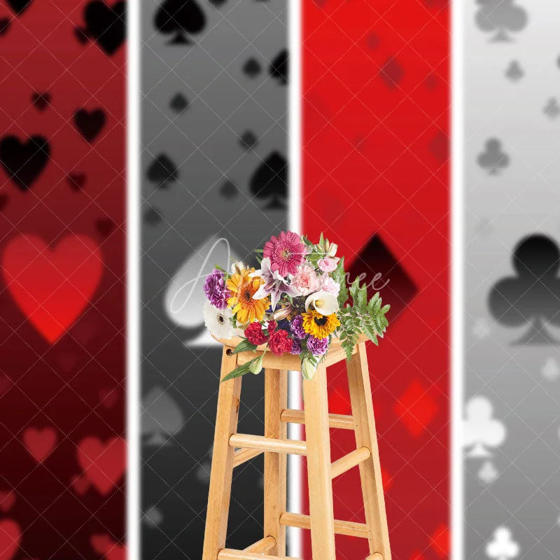 Aperturee - Aperturee Casino Poker Card Suits Backdrop Red and Grey Hearts Spades Diamonds Clubs Pattern Las Vegas Party Decoration
