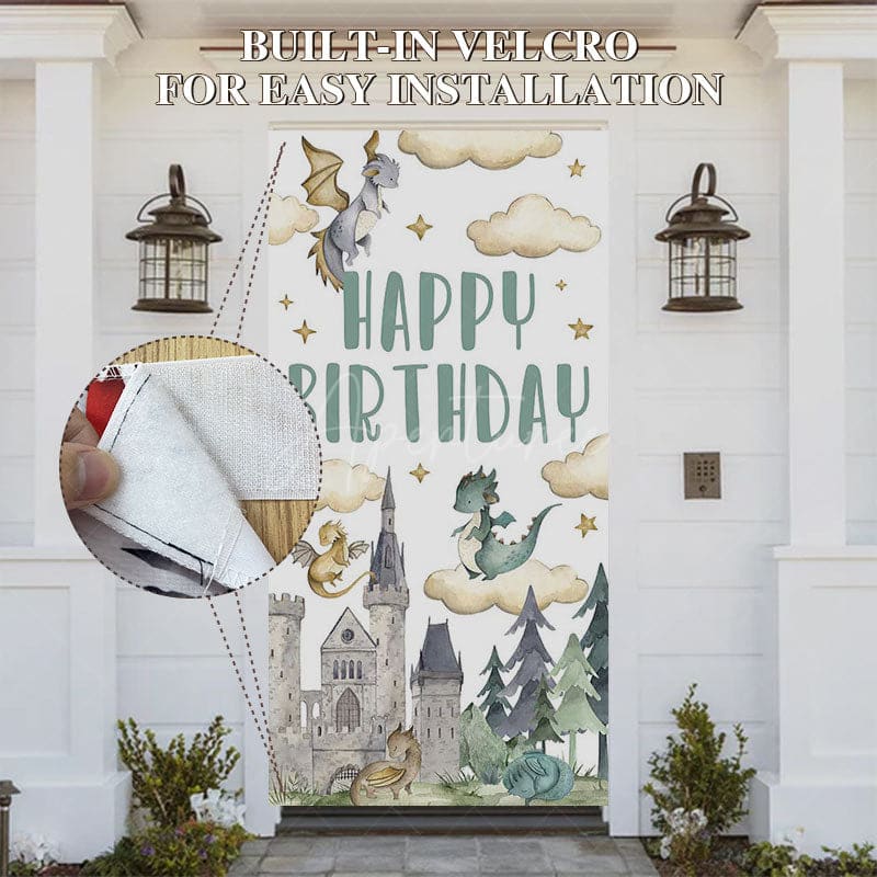 Aperturee - Aperturee Castle Baby Dragon Cloud Stars Birthday Door Cover
