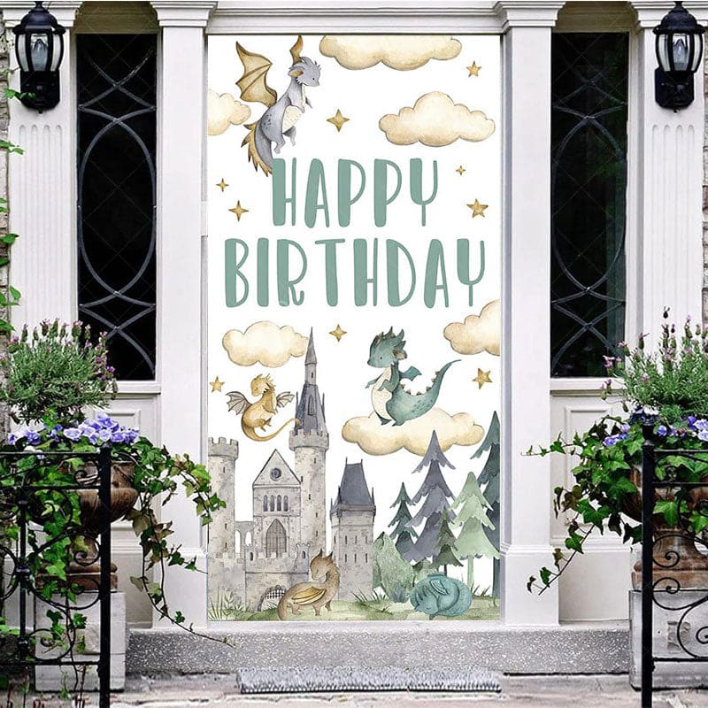 Aperturee - Aperturee Castle Baby Dragon Cloud Stars Birthday Door Cover