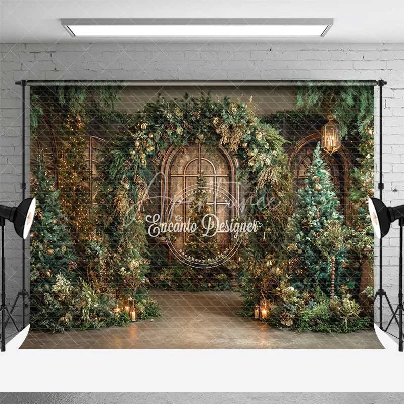 Aperturee - Aperturee Cathedral Window Christmas Backdrop Green Garland Gold Tree Photography Background