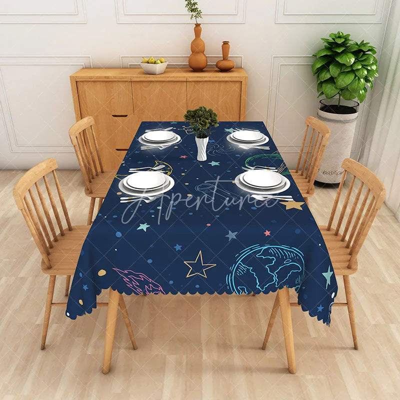 Aperturee - Aperturee Celestial Galaxy Tablecloth in Navy Blue with Stars and Planets for Space Themed Birthday or Nursery Decor
