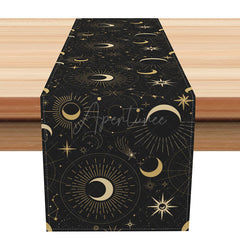 Aperturee - Aperturee Celestial Moon and Stars Table Runner Black and Gold Islamic Ramadan Decor Eid Mubarak Dining Table Decoration
