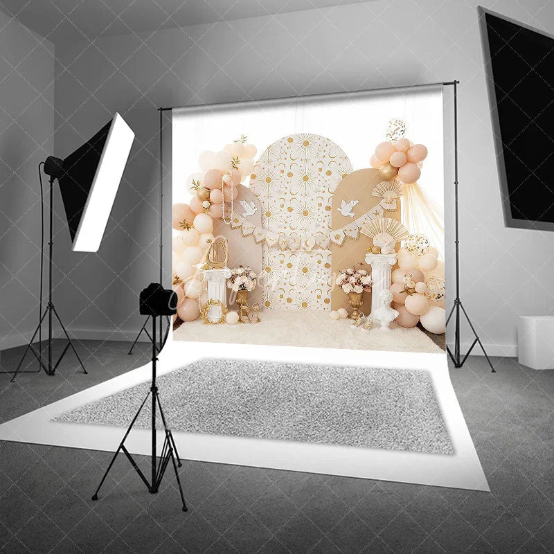 Aperturee - Aperturee Celestial Sun and Moon Arch Backdrop White Dove and Greek Column for Birthday Party