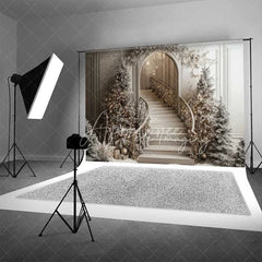 Aperturee - Aperturee Champagne Christmas Staircase Backdrop Frosted Pine Trees Elegant Arch Chandelier Photo Background