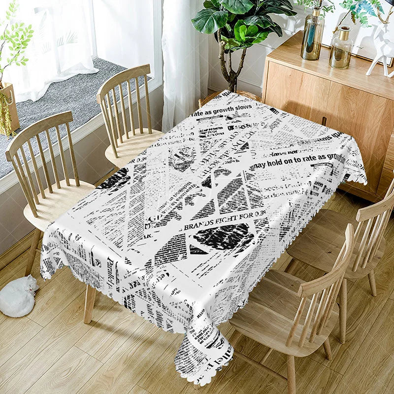 Aperturee - Aperturee Chaotic Black and White Newspaper Rectangle Tablecloth Abstract Text Pattern Modern Industrial Dining Decor