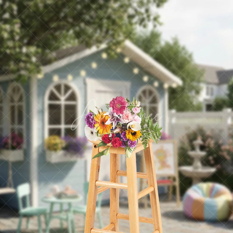 Aperturee - Aperturee Charming Blue Playhouse Garden Photography Backdrop Whimsical Outdoor Kids Play Area with Swing and Flowers