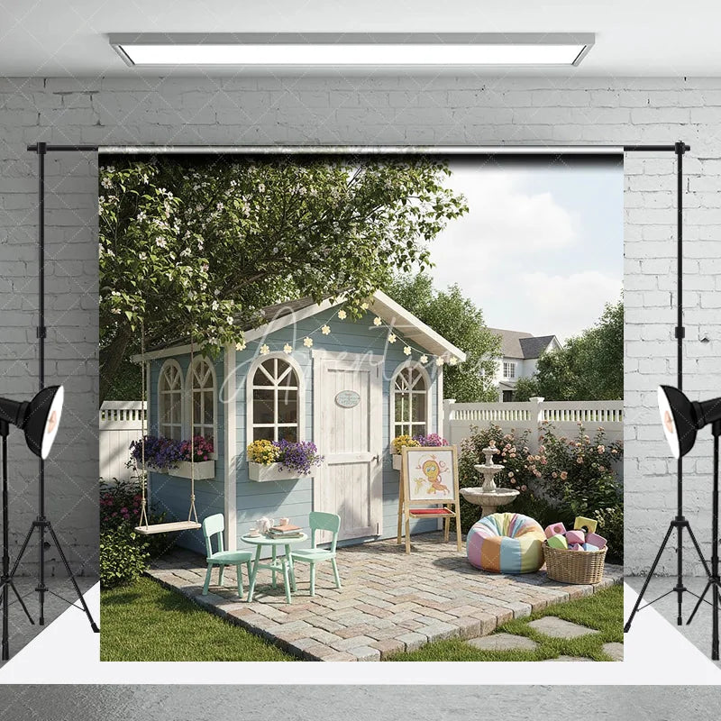 Aperturee - Aperturee Charming Blue Playhouse Garden Photography Backdrop Whimsical Outdoor Kids Play Area with Swing and Flowers