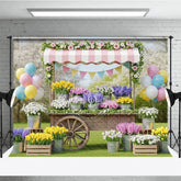 Aperturee - Aperturee Charming Flower Cart Photography Backdrop with Pink Striped Awning Tulips and Pastel Balloons for Spring Garden Party
