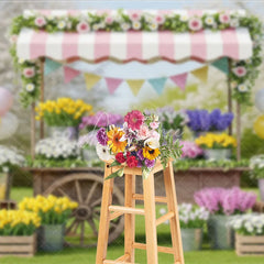 Aperturee - Aperturee Charming Flower Cart Photography Backdrop with Pink Striped Awning Tulips and Pastel Balloons for Spring Garden Party